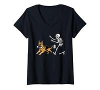Women's German Shepherd Dog Stealing Bone from Skeleton Halloween V-Neck T-Shirt