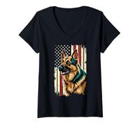 Womens German Shepherd Dog USA Patriotic American Flag 4th of July V-Neck T-Shirt