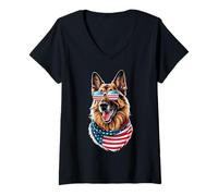 Womens German Shepherd Dog USA Patriotic American Flag 4th of July V-Neck T-Shirt