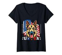 Womens German Shepherd Dog USA Patriotic American Flag 4th of July V-Neck T-Shirt