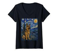 Women's German Shepherd Dog Van Gogh Starry Night V-Neck T-Shirt