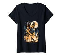 Women's German Shepherd Full Moon Crystal Forest Night V-Neck T-Shirt