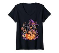 Women's German Shepherd Halloween Pumpkin Small Witch Hat Dog Lover V-Neck T-Shirt