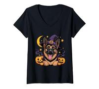 Women's German Shepherd Halloween Small Dog Pumpkin Witch Hat Lover V-Neck T-Shirt