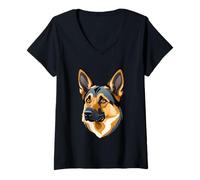 Womens German Shepherd Head - Stylized Cartoon Dog V-Neck T-Shirt