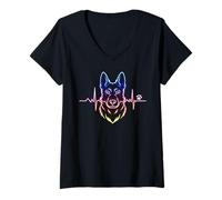 Womens German Shepherd Heartbeat Line Art Dog Paw Print V-Neck T-Shirt