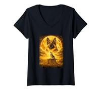 Women's German Shepherd Howling to The Moon Vintage Funny Graphic V-Neck T-Shirt