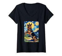 Women's German Shepherd Japanese Van Gogh Dogs German Shepherd V-Neck T-Shirt