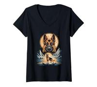 Women's German Shepherd Moonlight Mountain Guardian V-Neck T-Shirt