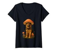 Womens German Shepherd Mushroom Hat Funny Amanita Muscaria V-Neck T-Shirt