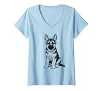 Women's German Shepherd Puppy Dog Line Art Sketch V-Neck T-Shirt