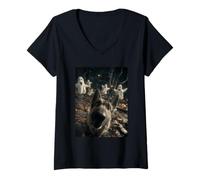 Womens German Shepherd Selfie with Ghosts Haunted Forest Halloween V-Neck T-Shirt