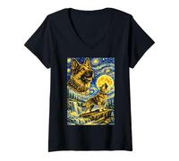 Women's German Shepherd Starry Night Van Gogh Cute Howling Dog V-Neck T-Shirt