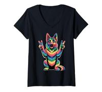 Women's German Shepherd Tie Dye Frog Peace Sign Dogs German Shepherd V-Neck T-Shirt