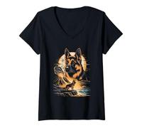 Women's German Shepherd Volcano Coastline Sunset V-Neck T-Shirt