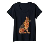 Women's German Shepherd with Autumn Leaves Animal Art Fall Aesthetic V-Neck T-Shirt