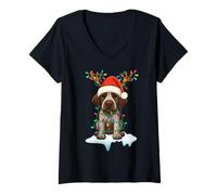 Womens German Shorthaired Pointer Christmas Santa Hat Lights Pajama V-Neck T-Shirt