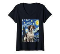 Women's German Shorthaired Pointer Van Gogh Starry Night V-Neck T-Shirt