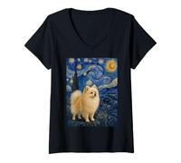 Women's German Spitz Dog Van Gogh Starry Night V-Neck T-Shirt