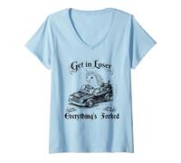Women's Get in Loser Everything’s Forked Unicorn Dark Humor V-Neck T-Shirt