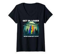 Womens Get in Loser were Doing Butt Stuff LGBTQ UFO V-Neck T-Shirt