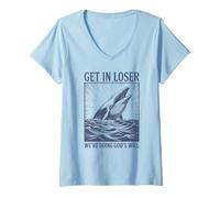 Women's Get in Loser We're Doing God's Will Funny Christian Whale V-Neck T-Shirt