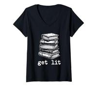 Womens Get Lit Literary Pun Design Bibliophile Humor Books Lover V-Neck T-Shirt