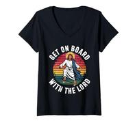 Women's Get On Board with The Lord Christ Skateboarding Jesus Skate V-Neck T-Shirt