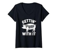 Women's Gettin' Piggy with It - Funny Keto Diet V-Neck T-Shirt