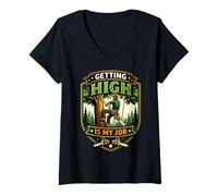 Women's Getting High is My Job Funny Arborist Tree Surgeon Climber V-Neck T-Shirt