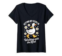 Women's Getting My Steps in Walking with The Lord Christian Duck Fun V-Neck T-Shirt