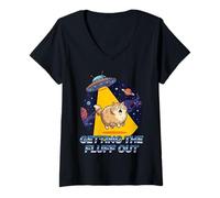 Women's Getting The Fluff Out Alien Fluffy Cat UFO Humor Galaxy V-Neck T-Shirt