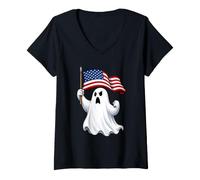 Women's Ghost American Flag 4th of July V-Neck T-Shirt