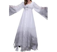 Women's Ghost Bride Mini Mesh Dress Halloween Sweetheart Neck Ruffle Short Sleeve Dress Vampire Zombie Headband Cosplay Set (F-White, XXL)