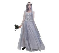 Women's Ghost Bride Mini Mesh Dress Halloween Sweetheart Neck Ruffle Short Sleeve Dress Vampire Zombie Headband Cosplay Set (B-Gray, XXL)