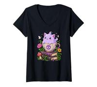 Women's Ghost Cat Teacup Pastel Goth Witchy Spooky Cute Kitten Art V-Neck T-Shirt