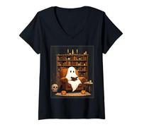 Womens Ghost Cozy Reading Book Lover Black Cat Library Halloween V-Neck T-Shirt