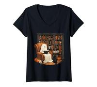 Womens Ghost Cozy Reading Library Curious Black Cat Halloween V-Neck T-Shirt