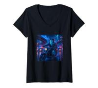 Womens Ghost Cyberpunk Rider Motorcycle Biker Synthwave V-Neck T-Shirt