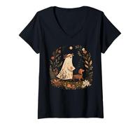 Womens Ghost Dog Halloween Women Pet Owner Spooky Season Floral V-Neck T-Shirt