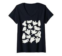 Women's Ghost Graphic Spooky Season Many Ghosts Faces Halloween Kids V-Neck T-Shirt, Black, Small