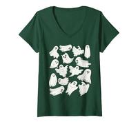 Women's Ghost Graphic Spooky Season Many Ghosts Faces Halloween Kids V-Neck T-Shirt, Dark Green, Medium