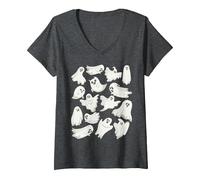 Women's Ghost Graphic Spooky Season Many Ghosts Faces Halloween Kids V-Neck T-Shirt, Dark Heather Grey, Small