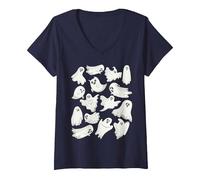 Women's Ghost Graphic Spooky Season Many Ghosts Faces Halloween Kids V-Neck T-Shirt, Navy Blue, XX-Large