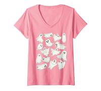 Women's Ghost Graphic Spooky Season Many Ghosts Faces Halloween Kids V-Neck T-Shirt, Pink, XX-Large