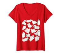 Women's Ghost Graphic Spooky Season Many Ghosts Faces Halloween Kids V-Neck T-Shirt, Red, Large