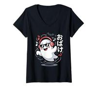 Womens Ghost Halloween Music Japanese Funny Spooky Tunes V-Neck T-Shirt