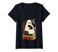Women's Ghost Holding Black Cat Dark Academia Book Lover V-Neck T-Shirt
