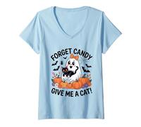 Womens Ghost Holding Black Cat Halloween Forget Candy Give Me A Cat V-Neck T-Shirt
