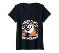 Womens Ghost Holding Black Cat Halloween Forget Candy Give Me A Cat V-Neck T-Shirt